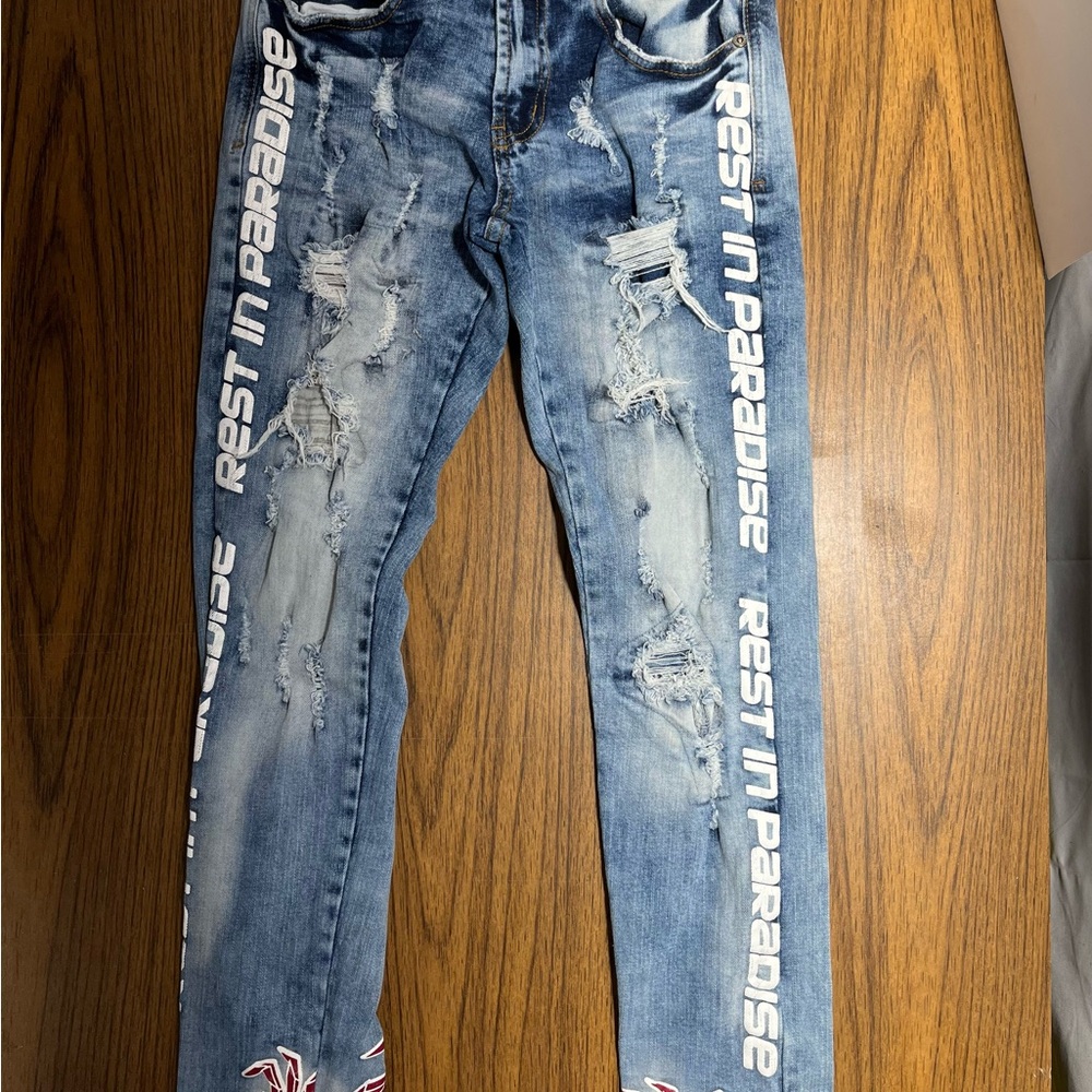 Preme Jeans Mens 28x31 Blue Distressed "Rest In Paradise" Hem Accent Moto 149639